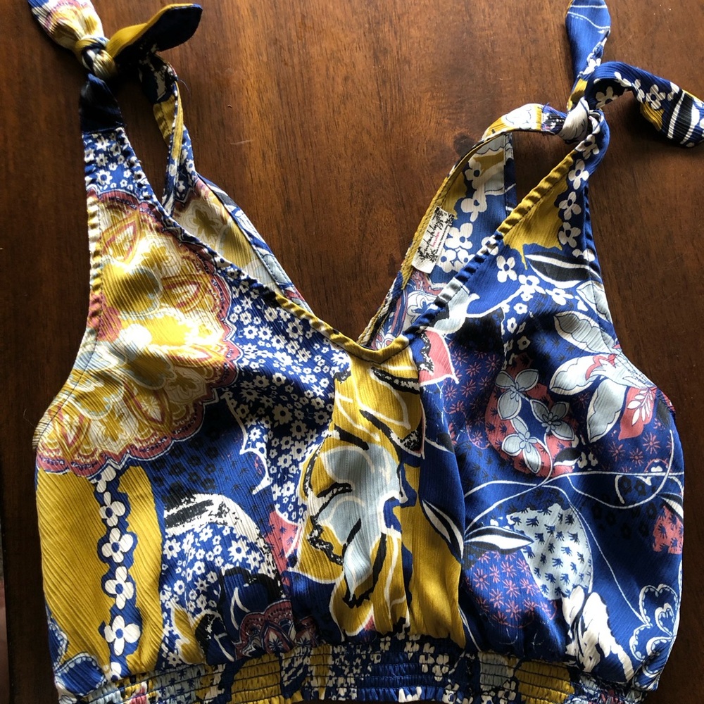 Anthropologie Blue & Mustard Floral Tie-Shoulder Camisole
